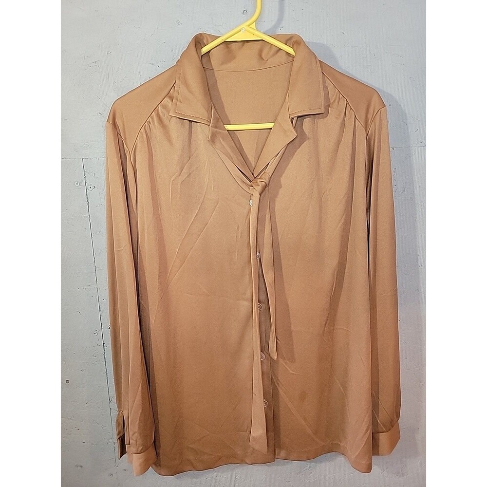 Vintage 70’s Brown Neck Tie Long Sleeve Button Down Blouse Retro XLarge‎